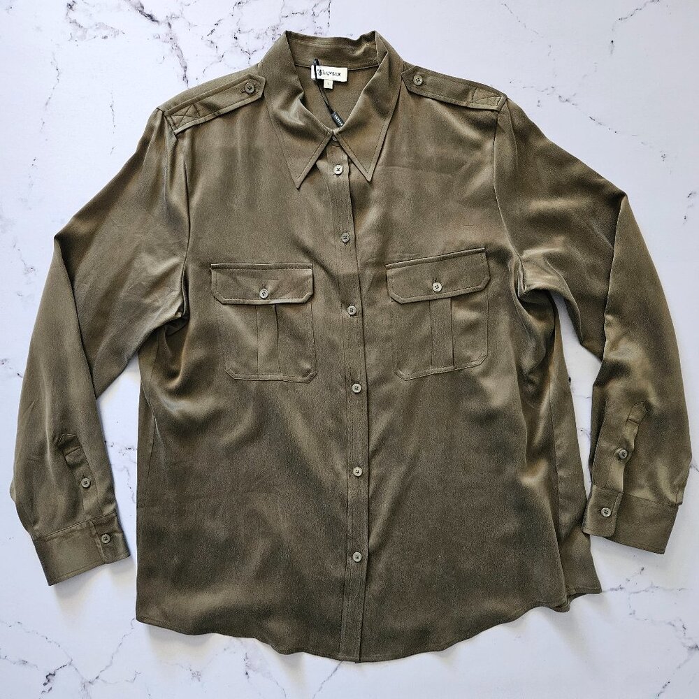 LilySilk Women's Sandwashed Silk Shirt With Epaulettes, L, Safari Green, NWT